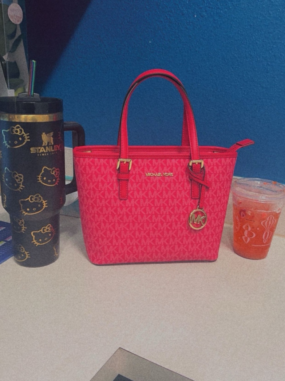 Michael Kors Hot Pink MK Signature Tote with Gold Hardware